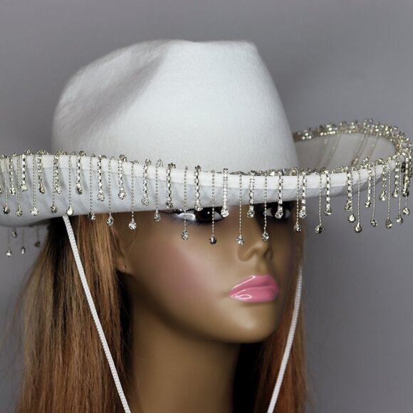 Women's Cowboy Hat with Rhinestone Fringe - White - Picture 2 of 3